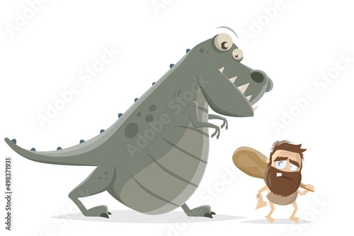 funny illustration of a prehistoric cartoon man with dinosaur