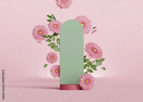 Fototapeta Naklejka Na Ścianę i Meble -  3D display podium pastel pink daisy flower background. Gerbera blossom falling down. Nature minimal pedestal beauty, cosmetic product presentation. Feminine green copy space template 3d render