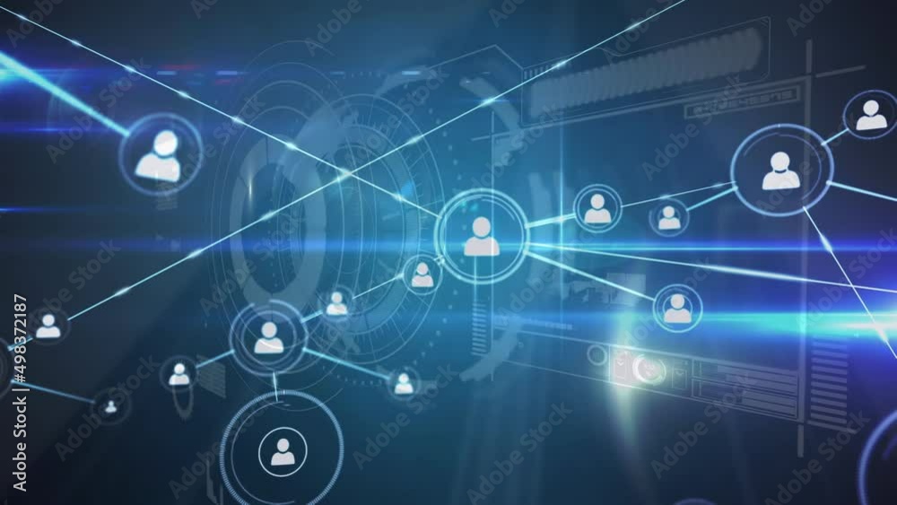 Animation of network of connections with icons over data processing Animation of network of connections with icons over data processing