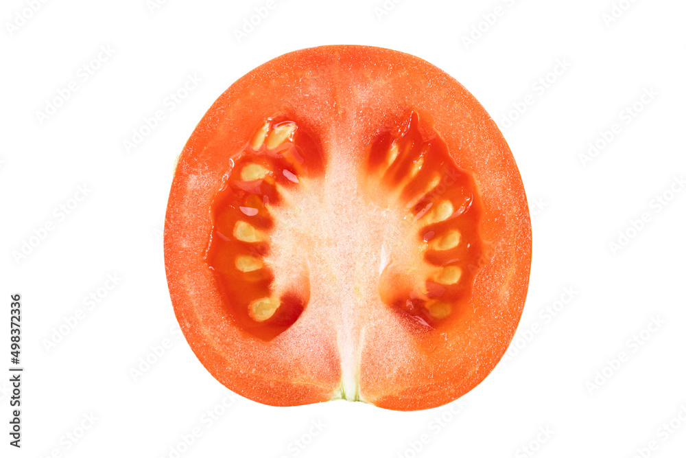Half of a cut tomato on a white isolated background, close-up Half of a cut tomato on a white isolated background, close-up