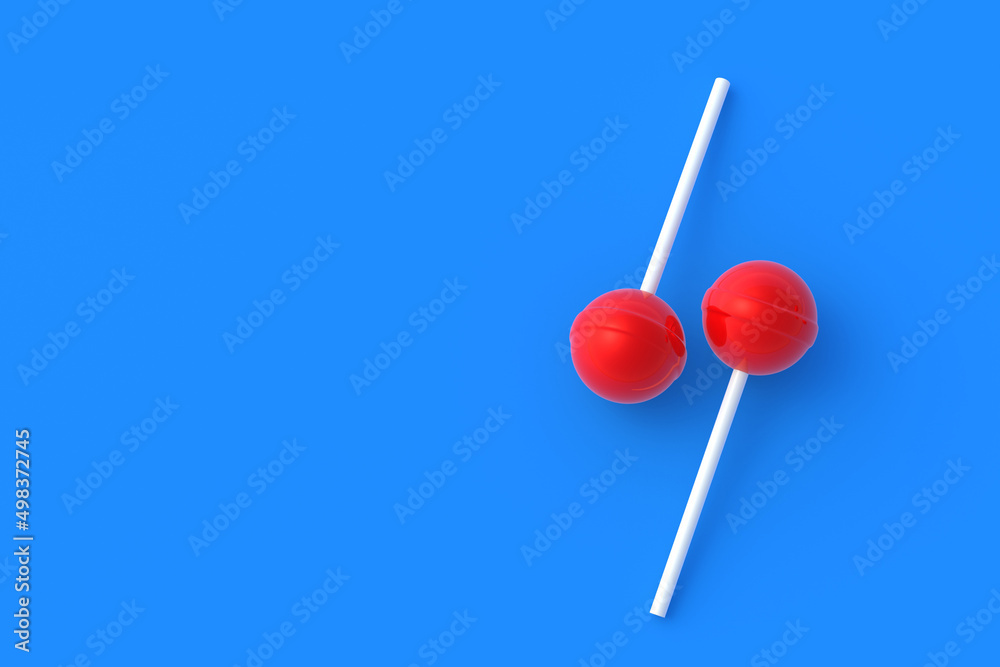 Strawberry lollipops on stick on blue background. Sweet candy. Confectionery goods. Flat lay. Copy space. 3d render Strawberry lollipops on stick on blue background. Sweet candy. Confectionery goods. Flat lay. Copy space. 3d render