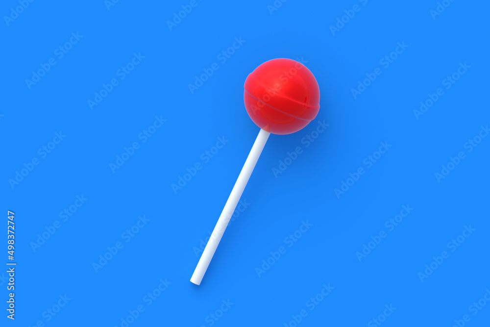 Fototapeta premium Lollypop on stick on blue background. Sweet candy. Confectionery goods. Top view. 3d render