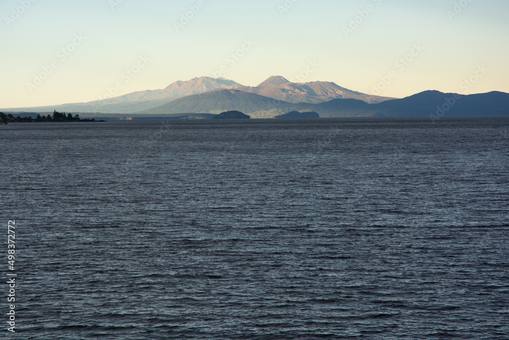 Lake Taupo view to the Central Plateau mountains of the Tongariro National Park Volcanoes. New Zealand