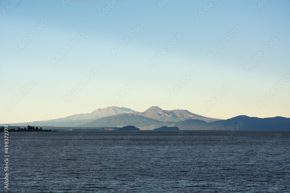 Lake Taupo view to the Central Plateau mountains of the Tongariro National Park Volcanoes. New Zealand