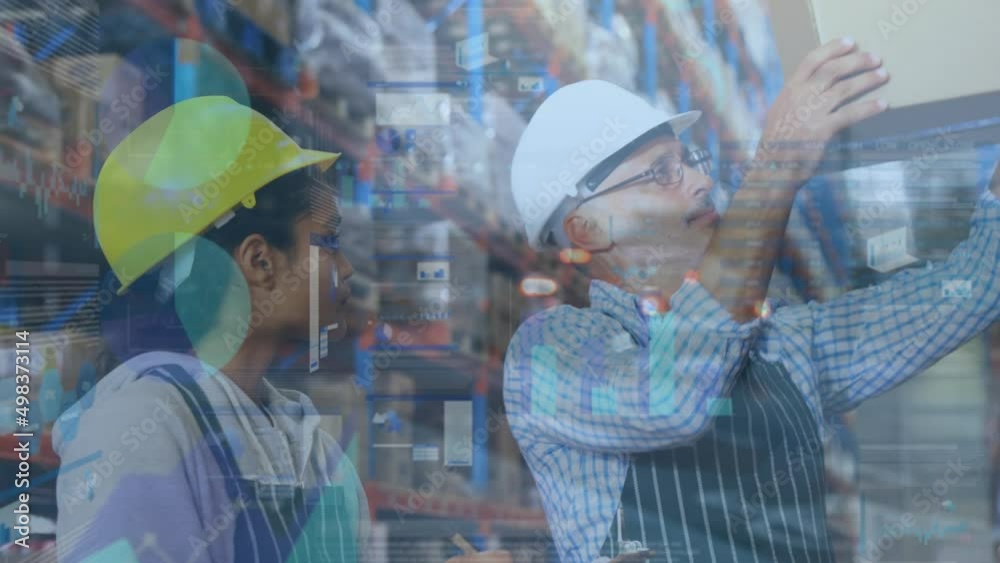 Animation of financial data processing over people working in warehouse Animation of financial data processing over people working in warehouse