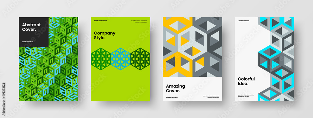 Premium company brochure A4 design vector template composition. Vivid geometric pattern presentation layout set.