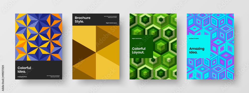 Amazing geometric shapes front page layout set. Original corporate identity A4 vector design illustration collection.