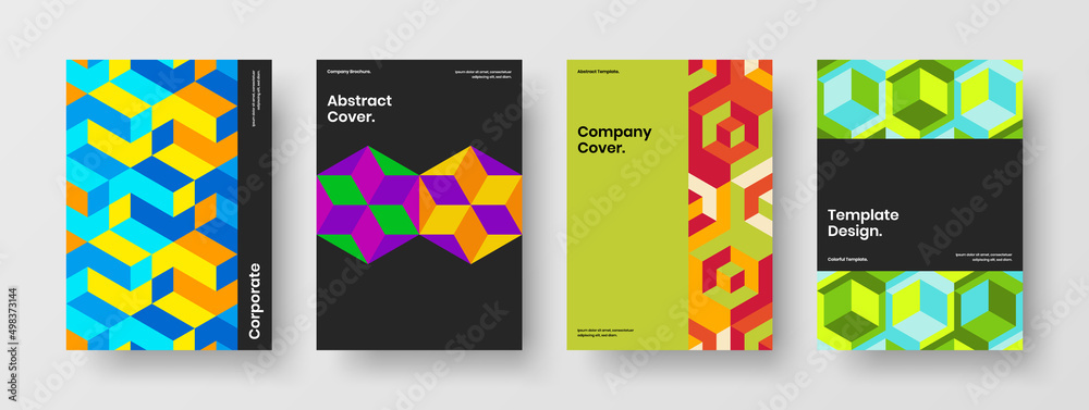 Vivid journal cover design vector illustration composition. Fresh geometric pattern company identity concept collection.