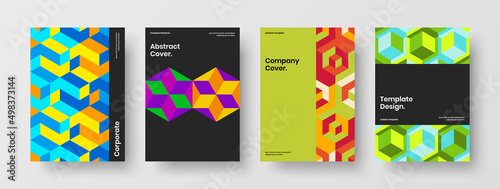 Vivid journal cover design vector illustration composition. Fresh geometric pattern company identity concept collection.