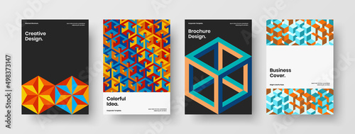Vivid geometric hexagons book cover layout set. Simple brochure vector design illustration composition.