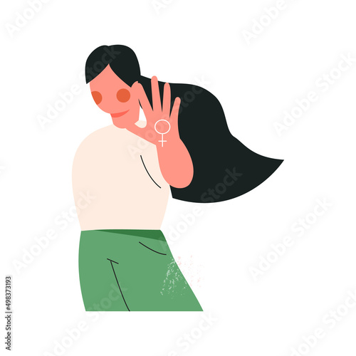 Woman right and power or protest against gender violence and harassment. Feminism concept. Strong girl show stop gesture. Female solidarity. Cartoon flat vector illustration isolated on white