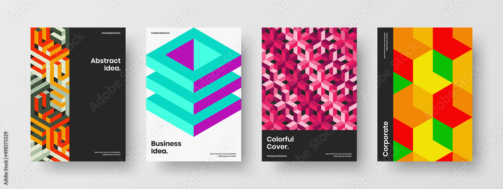 Vivid presentation A4 design vector layout bundle. Colorful mosaic pattern brochure concept composition.