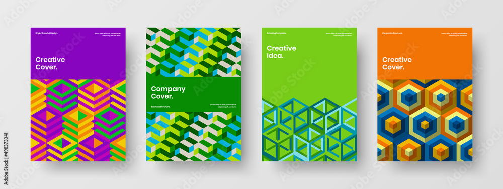 Isolated brochure A4 design vector concept composition. Fresh mosaic hexagons corporate identity template set.