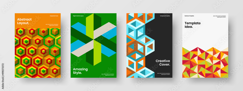 Vivid mosaic pattern poster template bundle. Minimalistic book cover A4 design vector concept set.