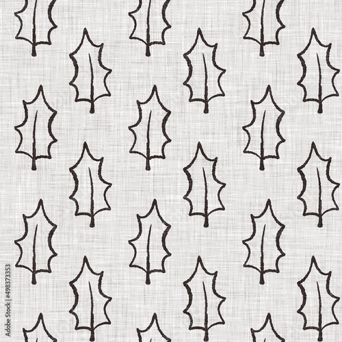 French grey botanical leaf linen seamless pattern with 2 tone country cottage style motif. Simple vintage rustic fabric textile effect. Primitive modern shabby chic kitchen cloth design.