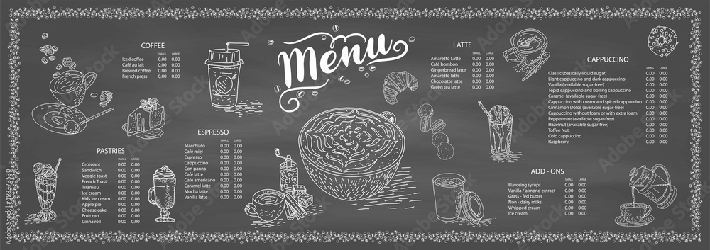 Obraz Coffee illustration for poster or menu template. Decorative sketch of cup of coffee. Restaurant cafe menu, template design. Food flyer. Vector.