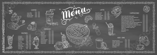 Coffee illustration for poster or menu template. Decorative sketch of cup of coffee. Restaurant cafe menu, template design. Food flyer. Vector.