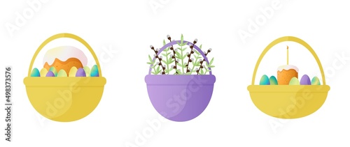 Vector illustration of an Easter basket with Easter and eggs. Spring decor. Happy Easter celebration concept. Simple cartoon style for logos, banners, posters, backgrounds, stickers, printing.