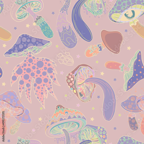 Magic mushrooms. Psychedelic hallucination. Vibrant vector illustration. 60s hippie colorful background, hippie and boho texture. Ttrippy wallpaper.