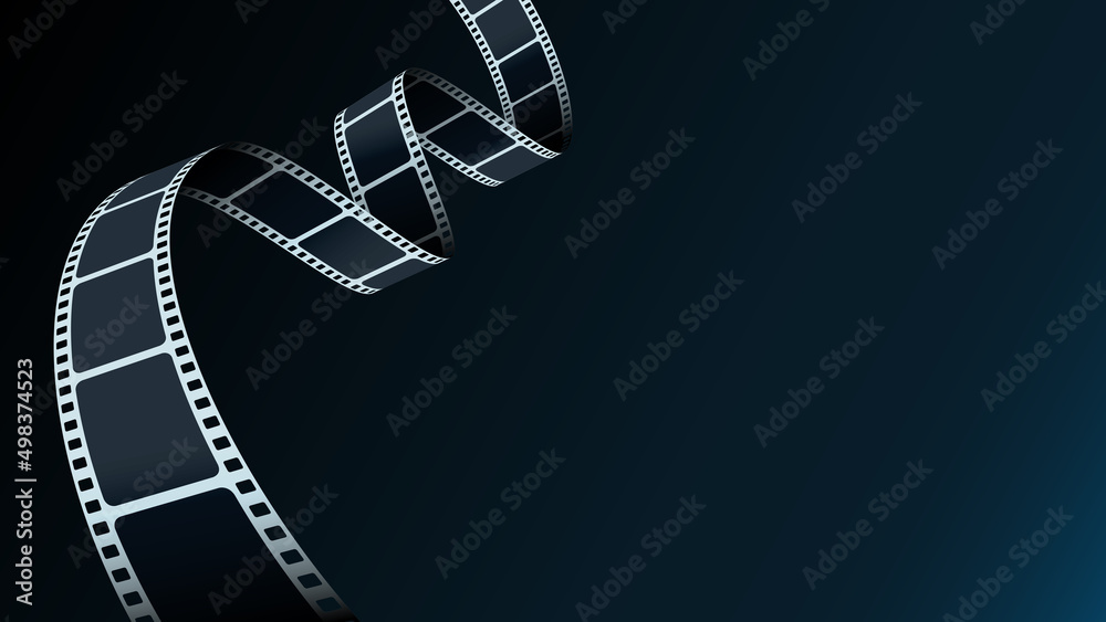 Blue Cinema Background with film reel. Realistic 3D isometric film strip in perspective. Design template film festival for poster, brochure, tickets, flyer with place for your text Movie time concept.