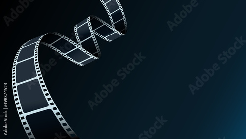 Blue Cinema Background with film reel. Realistic 3D isometric film strip in perspective. Design template film festival for poster, brochure, tickets, flyer with place for your text Movie time concept.