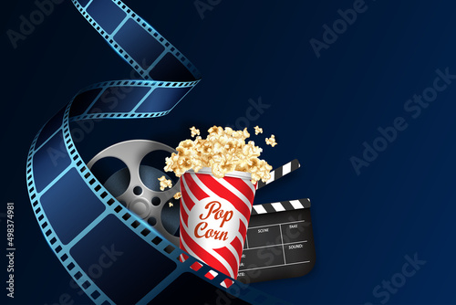 Realistic film stripe wave with popcorn box, film roll and clapper. Modern Cinema Background. 3d isometric film strip in perspective. Design template cinema festival banner, brochure, poster, tickets.