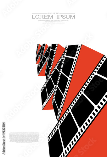 Abstract arrow from film strip frames in perspective. Black silhouette of filmstrips by way of zigzag. Modern Cinema Background. Movie template of festival for banner, flyer, poster. Art deco style.