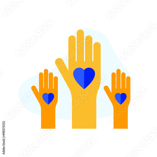 Hands with hearts representing social charity and help. Support and care concept.
