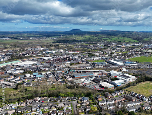 Aerial photo of Ballymena Industrial and Residential areas St Patricks Slemish Mountain in background Antrim N Ireland