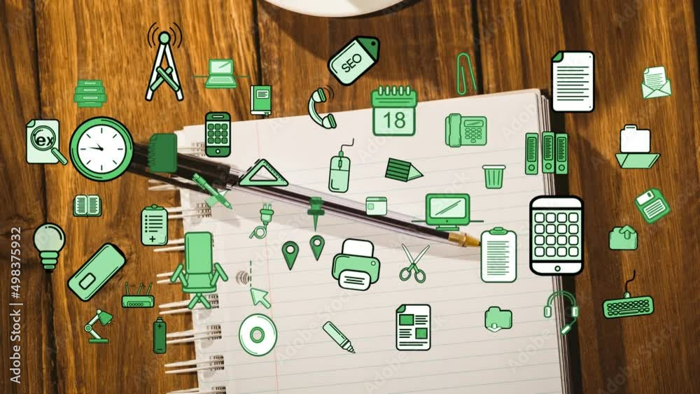 Animation of icons over notebook on desk Animation of icons over notebook on desk