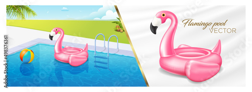 Vector realistic 3d pink flamingo, pool, beach ball, tropical bird shape inflatable swimming pool ring, tube, float. Summer vacation vacation rubber object, travel, beach ocean Illustration