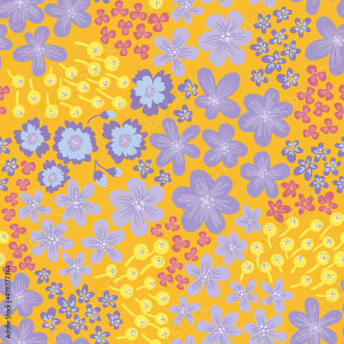 A simple cute pattern of small yellow  pink  lilac  blue flowers on a dark yellow background. Modern vector floral texture. Summer meadow in bright colors. Seamless pattern for fashionable prints