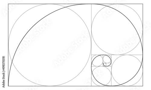 Golden ratio sign. Logarithmic spiral in rectangle with squares and circles. Leonardo Fibonacci Sequence. Ideal symmetry proportions template. Mathematics symbol. Vector outline illustration.
