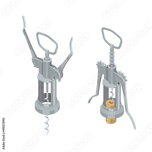 Classic metal corkscrew set with cork for opening wine isometric vector illustration isolated on white