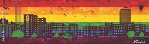 Boston on LGBT flag background - illustration, 
Town in Rainbow background
