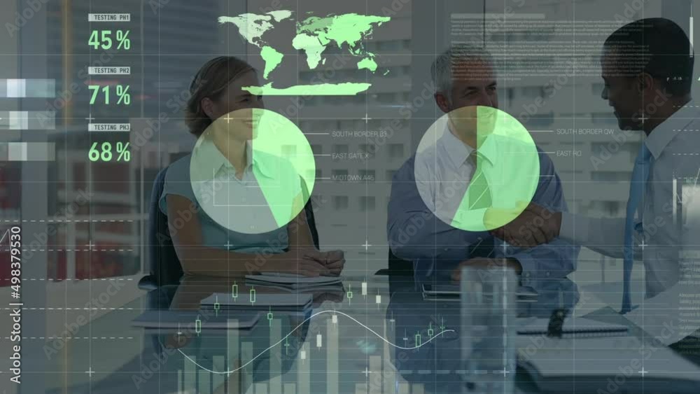 Animation of financial data processing over diverse business people Animation of financial data processing over diverse business people