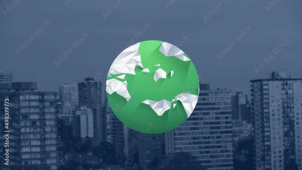 Animation of globe over cityscape Animation of globe over cityscape