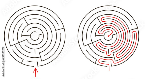 Vector circular labyrinth. Difficulty level - easy. Maze with entry and goal to reach the center of the circle. Solution included - red passing route. Logic game for young children from 2 to 5 age.