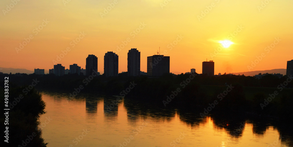 Evening panorama of Zagreb, Croatia. Sunset at the Sava river banks in Zagreb, Croatia