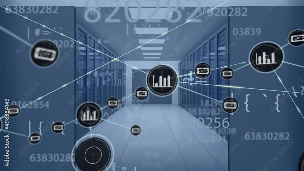 Animation of network of connections with icons and data processing over server room Animation of network of connections with icons and data processing over server room