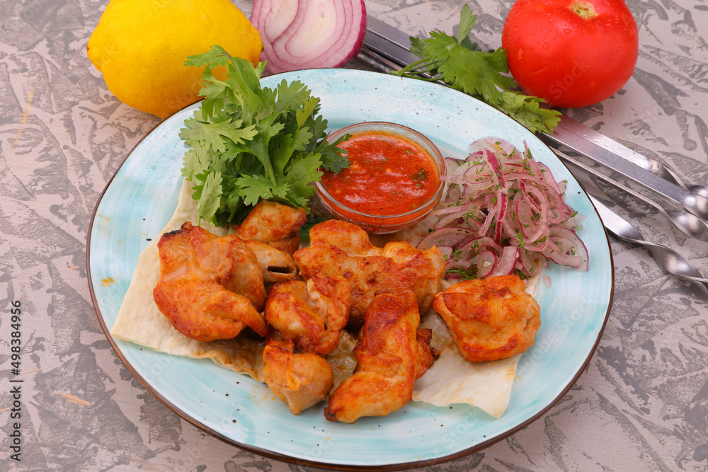 meat kebab is a national dish grilled meat on coals with sauce for the menu high-quality photo meat kebab is a national dish grilled meat on coals with sauce for the menu high-quality photo