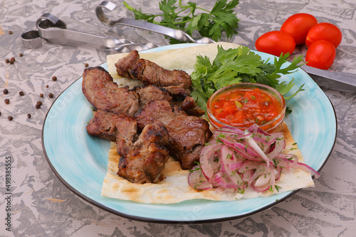 meat kebab is a national dish grilled meat on coals with sauce for the menu high-quality photo 
