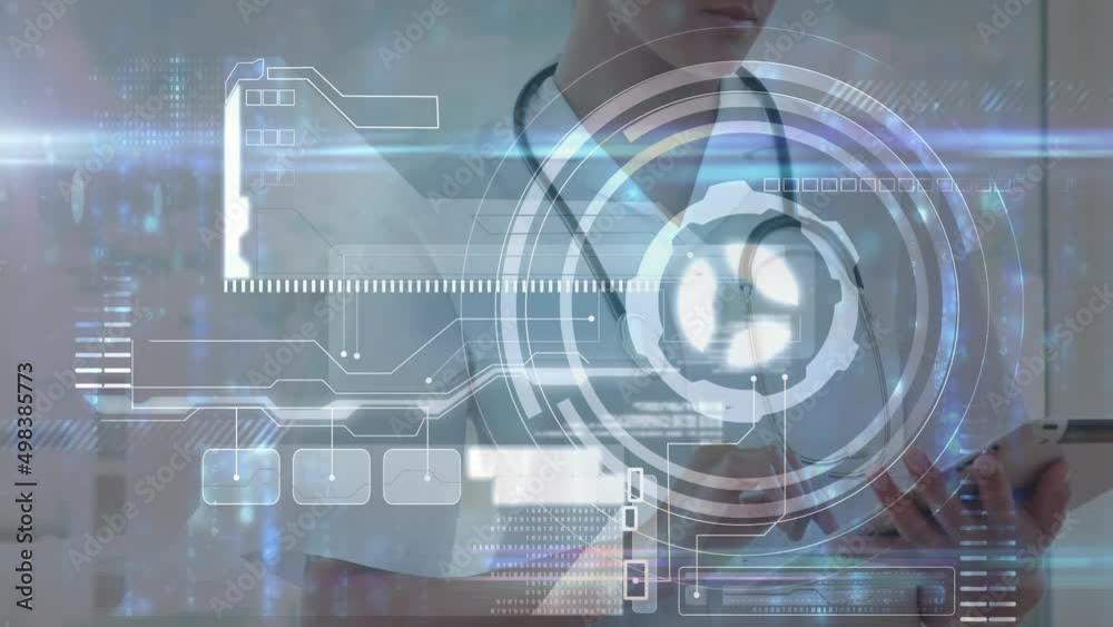 Animation of data processing over caucasian female doctor Animation of data processing over caucasian female doctor