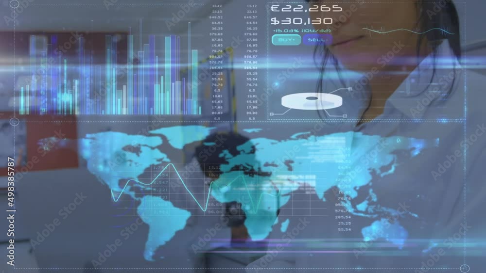 Animation of diverse data and world map over biracial female lab worker Animation of diverse data and world map over biracial female lab worker