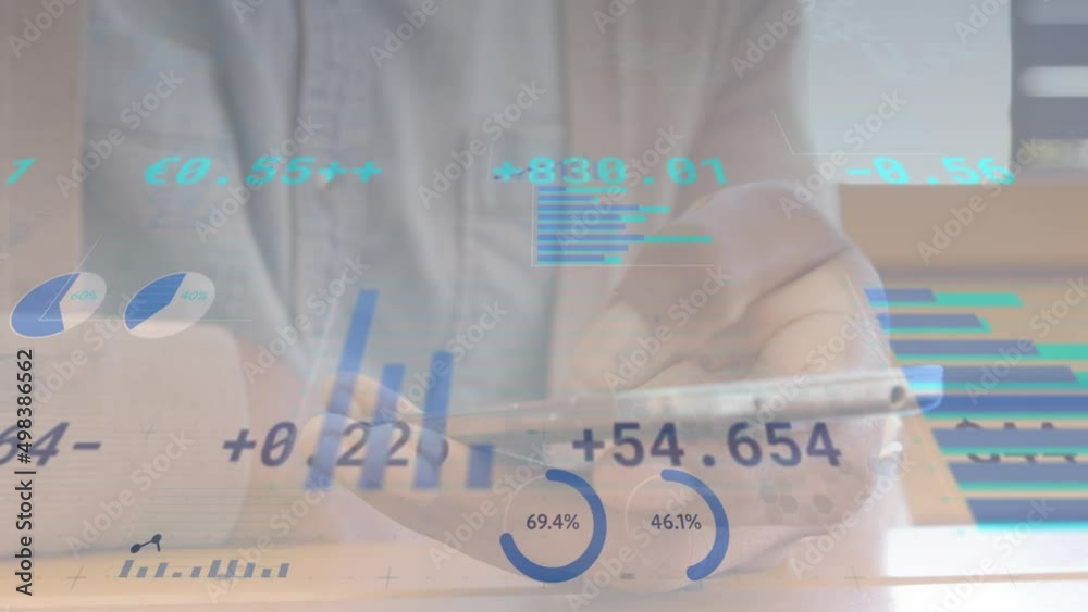 Animation of financial data and graphs moving over hands of biracial man using smartphone Animation of financial data and graphs moving over hands of biracial man using smartphone