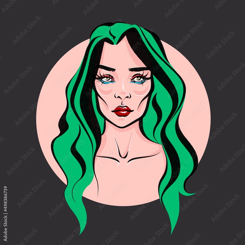 Minimalistic portrait of a green-haired pretty girl on the black background.