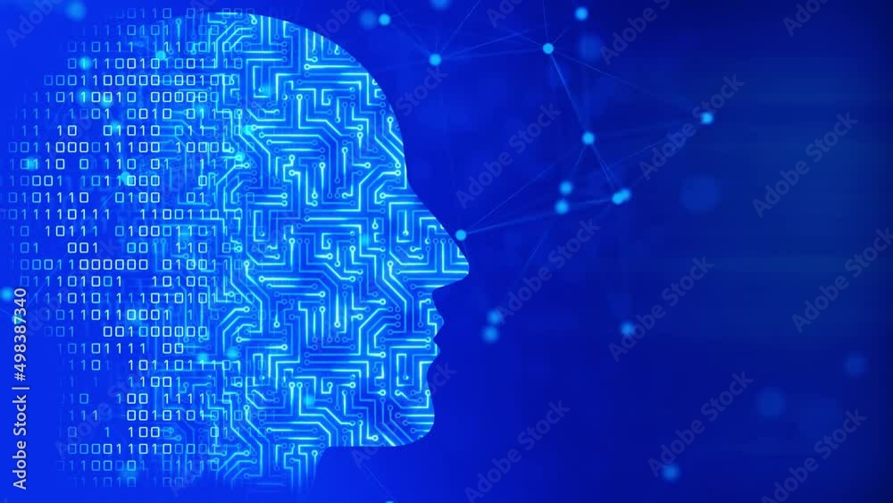 Future AI tech machine learning, face outline circuit board and binary data flow on blue Loop background. cyber mind Human fast digital computing, robot revolution Big data, artificial intelligence.