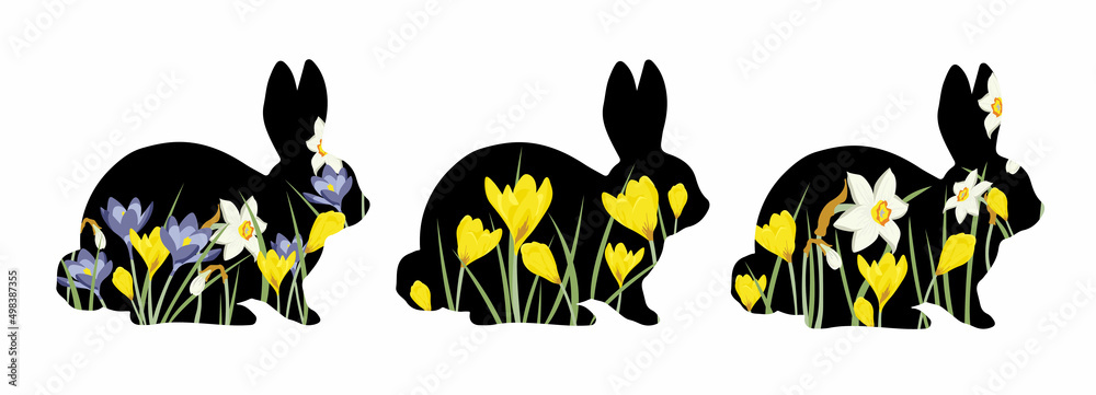 A set of vector Easter bunnies. Rabbit silhouettes with spring flowers. Happy Easter, decorations for Easter card, banner. Vector isolated illustration with flowers and bunnies on white background. A set of vector Easter bunnies. Rabbit silhouettes with spring flowers. Happy Easter, decorations for Easter card, banner. Vector isolated illustration with flowers and bunnies on white background.