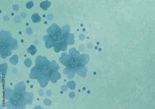 Pastel blue green watercolor flowers, leaves and branches on hand drawn vintage background with blur, gradient and grunge texture. Watercolor texture. Space for creative ideas, artwork.