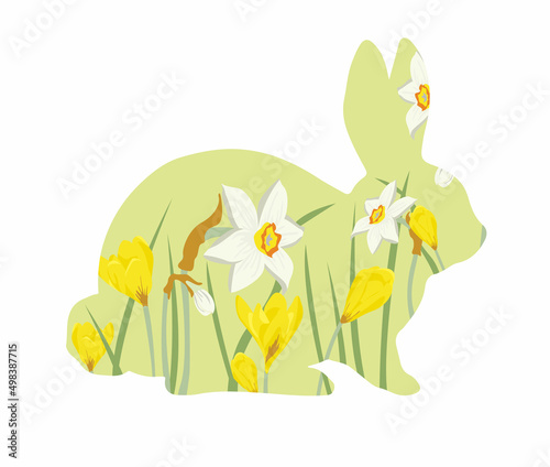 Silhouette of an Easter bunny with flowers inside. Easter isolated illustration with cute bunny for greeting cards, prints on napkins, fabric, for decoupage